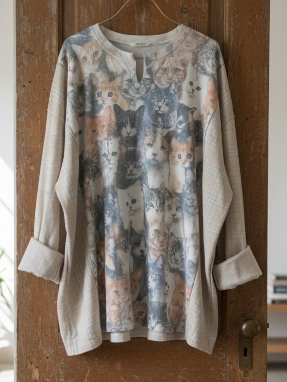 Cat Theme T Shirt Flannel Upcycled Top